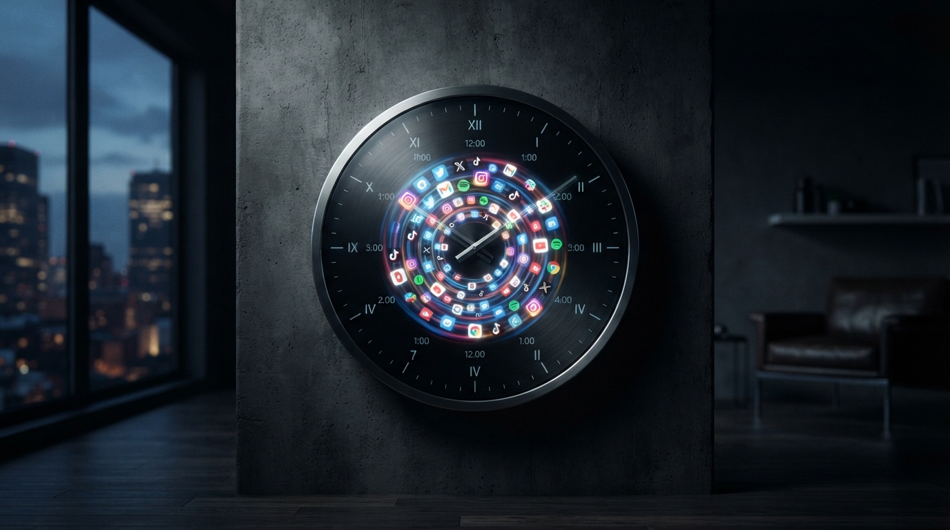 A clock surrounded by digital app icons, showing time lost to a morning checking ritual