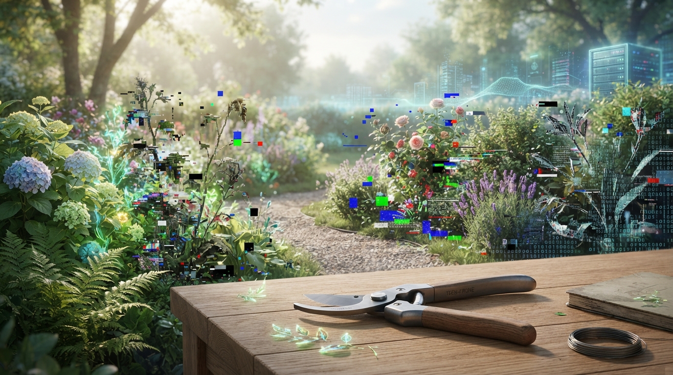 A pair of gardening shears on a wooden table, representing pruning your stack down to the tools that earn their place