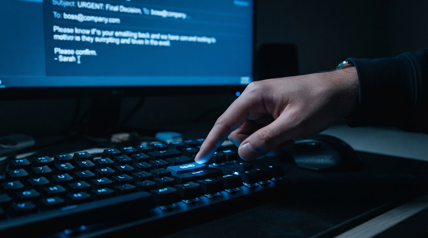 A hand hovering over a send button, about to nudge a client who has gone quiet.