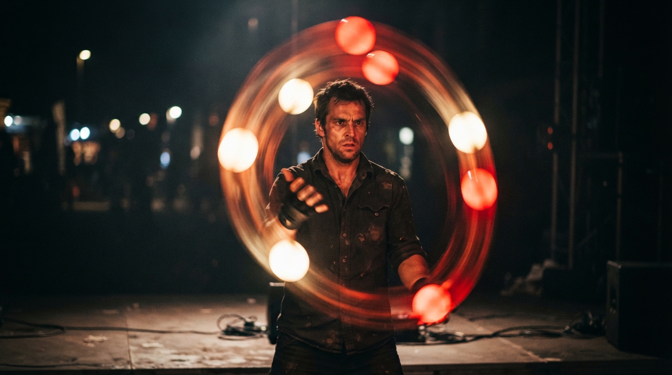A person juggling glowing spheres, standing in for the founder manually connecting disconnected tools