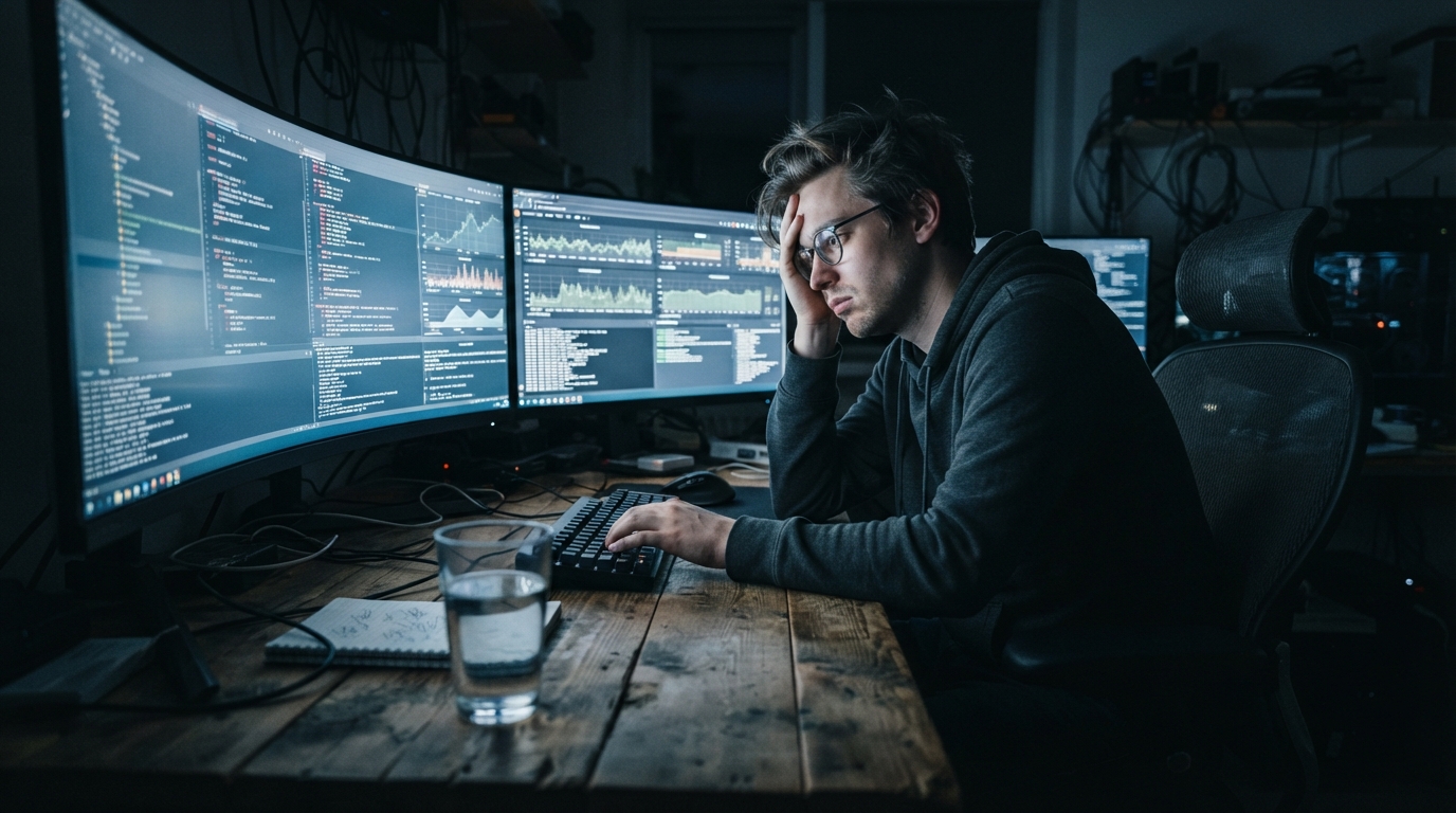 A creator overwhelmed at a computer facing a YouTube Studio report card they weren't ready to read