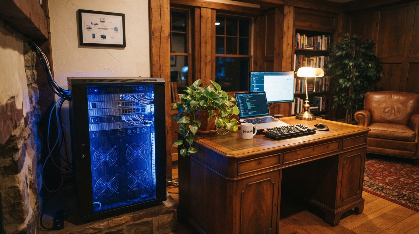 A small server rack tucked into a home office, standing in for keeping a local copy of your own business data