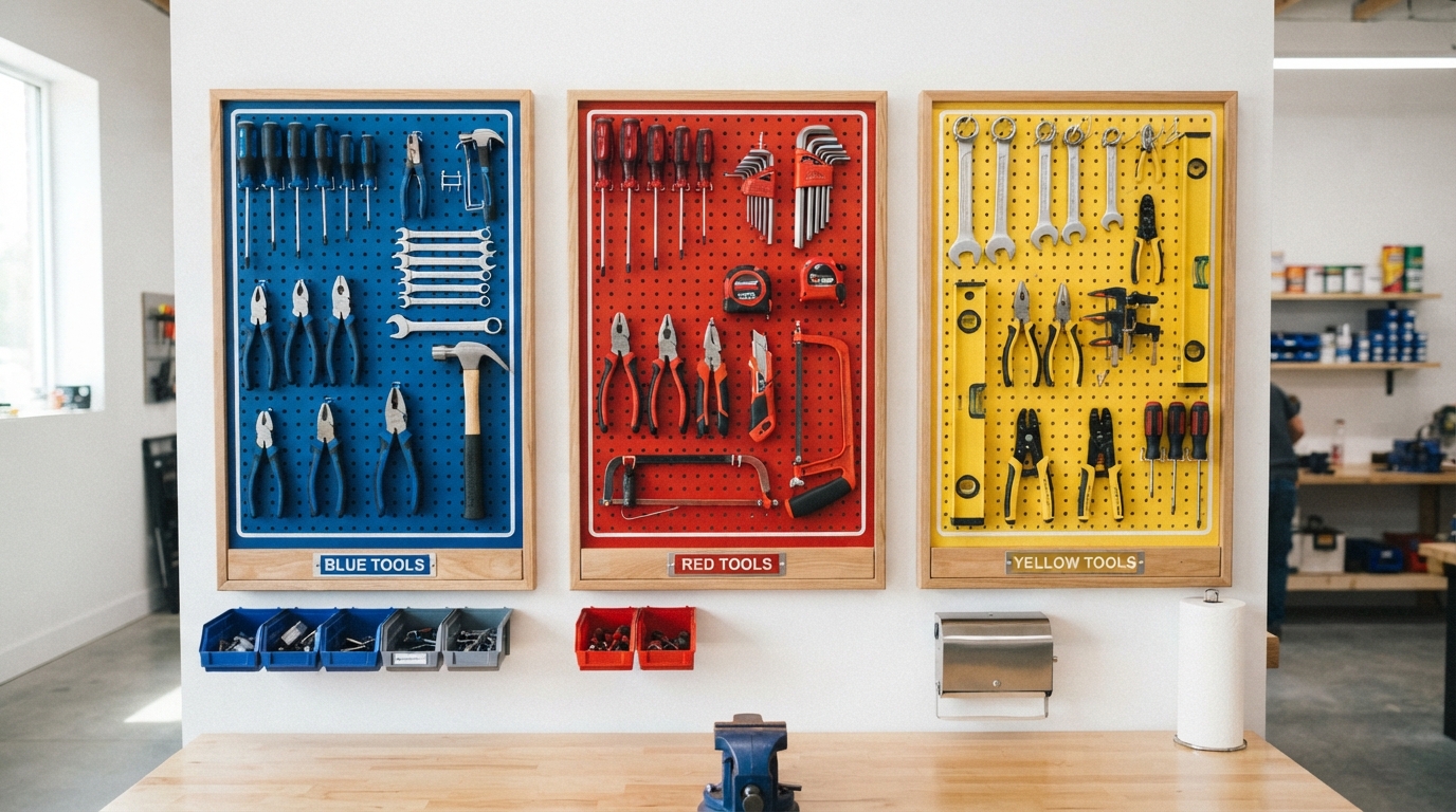 A workshop wall with tools hung in neat, organized rows, each with its own place